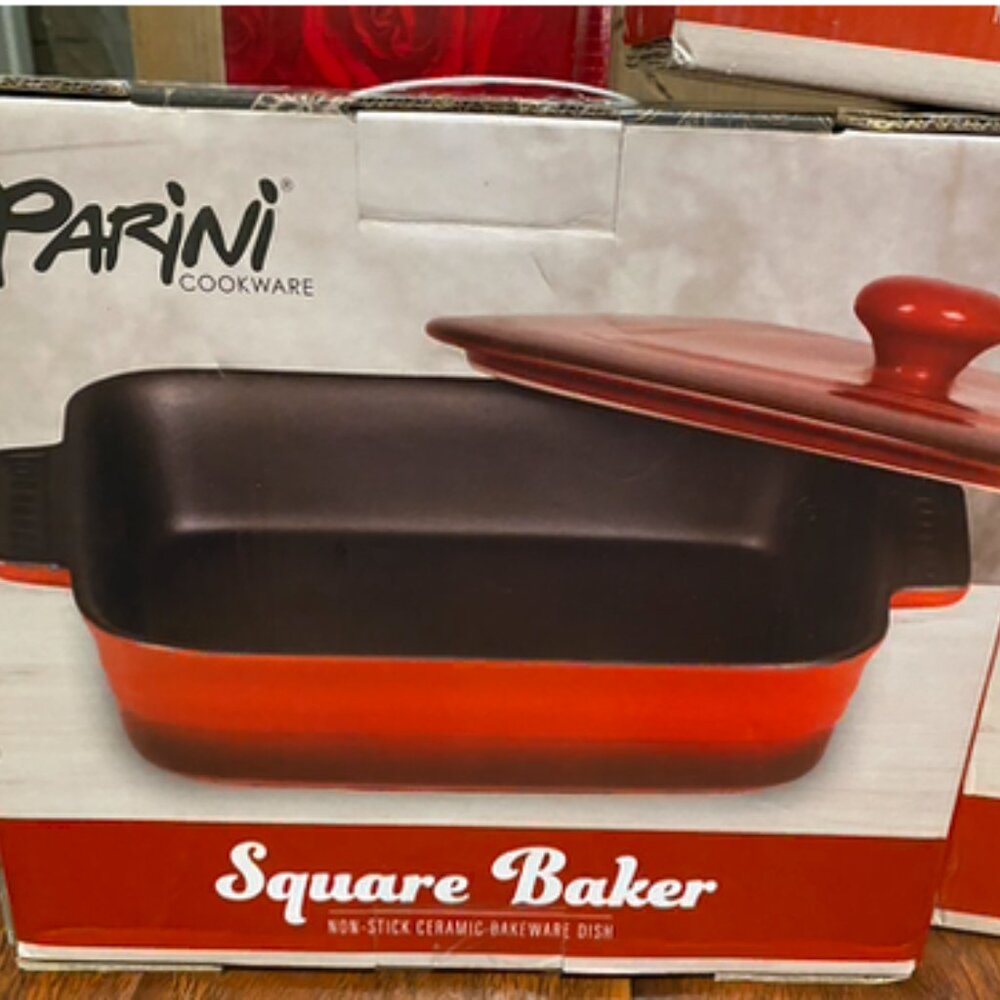 Stoneware Casserole 11" X 9" With Lid Red Ombré Style A ( new with box)